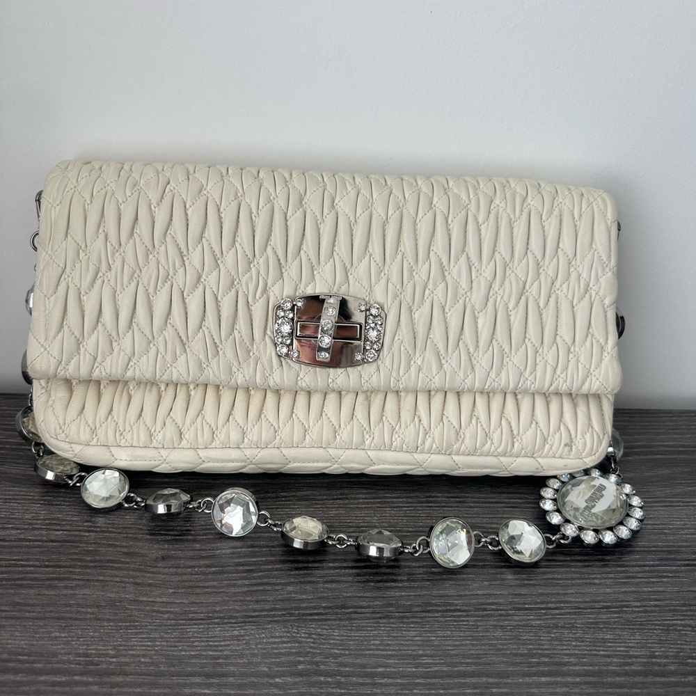 Miu Miu! Ruched leather crystal detail shoulder bag